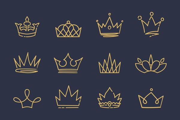 Line art prince and princess luxurious Crowns, Hand drawn crowns set. Gold crown sketch. Queen or king crowns.