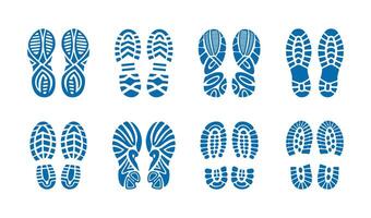 Shoe print set in blue color, featuring various sole patterns and footwear designs. vector
