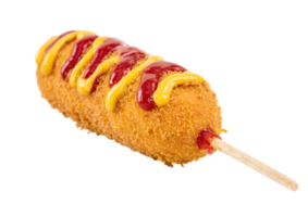 Crispy golden corndog served on a stick with mustard and ketchup on a transparent background. Perfect for snack illustrations in format. png