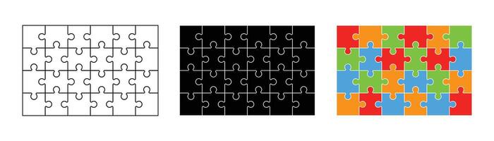 Jigsaw puzzle set with many colorful pieces. Different puzzle pieces shapes. vector