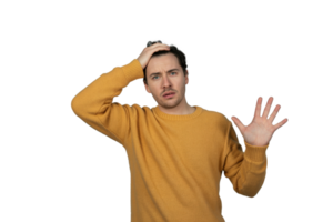 Surprised man expresses disbelief while wearing a cozy sweater against a transparent backdrop png