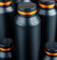 Refreshing condensation covers sleek, modern bright water bottle, emphasizing its cold contents photo