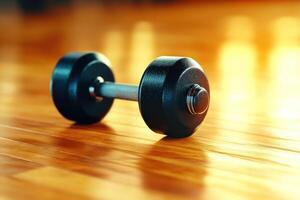 Black dumbbell rests on polished wooden gym floor, reflecting warm light of setting sun photo