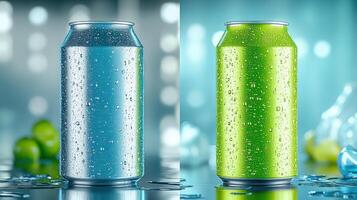 Two aluminum soda cans, one light blue and one green, on reflective surface with water droplets photo