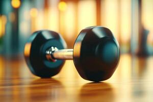 Single black dumbbell rests on polished wooden gym floor, reflecting warm light of setting sun photo