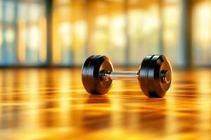 Black dumbbell resting on light wood gym floor with sunlight streaming through large window photo