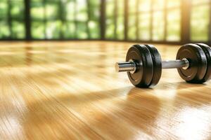 Black dumbbell resting on light wooden gym floor with sunlight streaming through large window photo