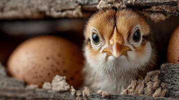 Close-up of an adorable baby chick in its rustic wooden nest with eggs. photo