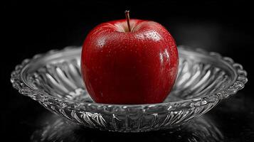 A crisp, vibrant red apple with glistening water droplets in a clear glass bowl. photo