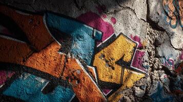 Close-up of a concrete wall adorned with vibrant, abstract graffiti art, illuminated by sunlight. photo