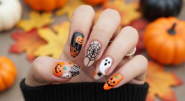 Close-up of a hand with festive Halloween nail art designs, featuring pumpkins, spiders, and ghosts. photo