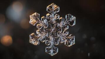 Detailed macro shot of a unique, translucent snowflake crystal on a dark background. photo