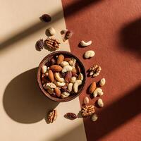 Small bowl of mixed nuts, almonds, walnuts, cashews, sunlight photo