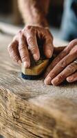 Skilled carpenter applying rich wood stain with precise brush strokes, revealing woodworking expertise in rustic workshop environment photo