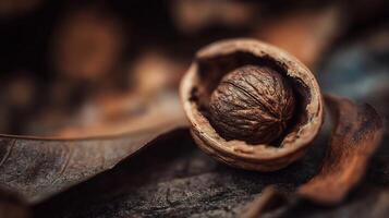 Detailed close-up of a single walnut inside its broken shell on a natural background. Earthy tones. photo