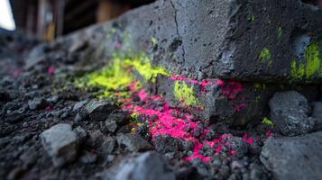 Textured concrete debris, contrasting with bright pink and yellow powder. photo