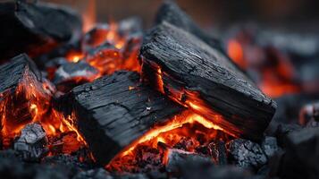 Red hot charcoal pieces radiate intense heat and a fiery glow. photo