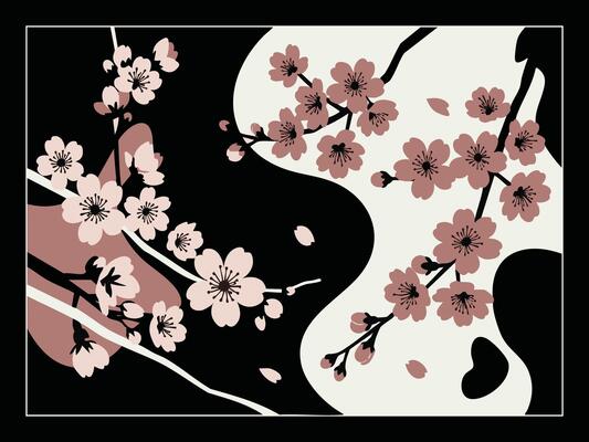 Artistic Cherry Blossom Branches with Abstract Background in Contrasting Colors