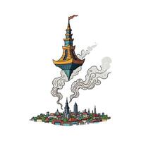 Floating Pagoda-Style Building Above Cityscape Colorful Cartoon Illustration. vector