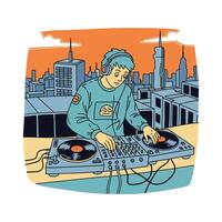 Cartoon DJ with Headphones Mixing Music on Turntables Cityscape Backdrop. vector