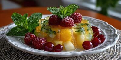 A fruit salad with berries and mint on a plate photo