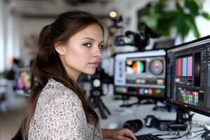 A woman is working on a computer in front of two monitors photo