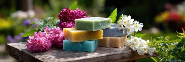 Vibrant handmade soaps with flowers photo