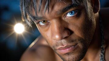 A man with blue eyes and a chain around his neck photo