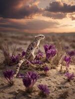 Desert creature among purple flowers photo