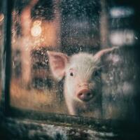 Looking Through Glass at a Piglet on a Rainy Day photo