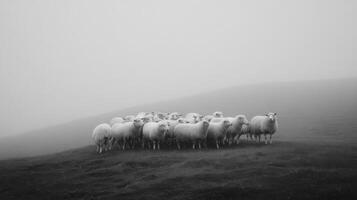 Sheep gathered in foggy landscape photo