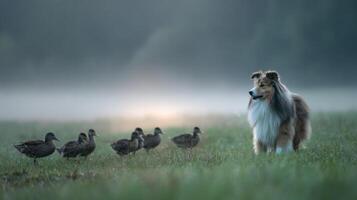 Collie dog with ducks in fog photo