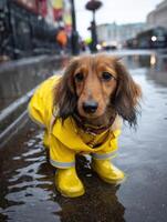 In a raincoat and boots a grumpy dachshund is pouting photo