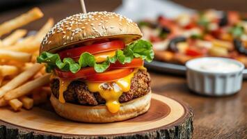 Cheeseburger with fries on a wooden plate photo
