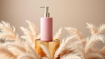 Pink pump bottle with golden stand photo