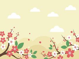 Stylized Cherry Blossom Branches with Red and White Flowers and Floating Petals vector