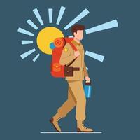 Adventurous Hiker with Backpack and Water Bottle Under Sun's Rays, Walking Forward. vector