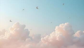 A flock of birds flying over a cloud covered sky photo