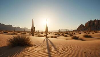 Photorealistic sunburst casting long shadows on desert sand photo