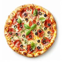 Gourmet Italian pizza, featuring pepperoni, ham, mushrooms, black olives, and basil leaves, on a crisp crust, isolated on white. photo