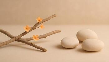 Minimalist flat lay with dry branch, pale flowers and cobblestones on beige background photo