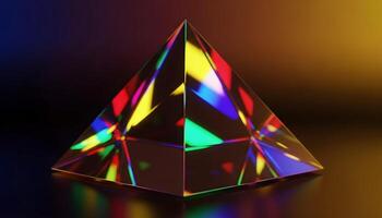 Crystal geometric pyramid with vibrant neon color reflections on black background with warm gradient and bokeh effect photo