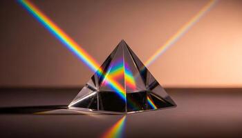 Crystal pyramid with neon reflections on dark gradient background photo