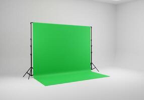 Green screen in a room with a tripod photo