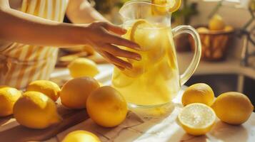 Close-up of hands preparing a fresh lemon into a glass pitcher, with lemon juice dripping down, photo