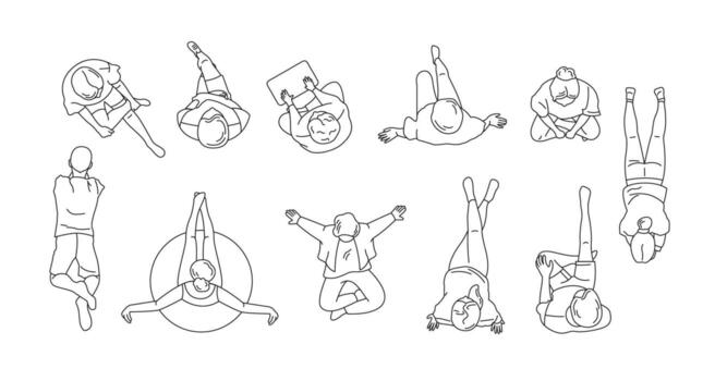 Simple line art illustration showing top views of people. Various poses including sitting, lying, and stretching. Minimalist style with a focus on geometric shapes. vector