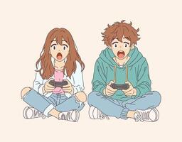 Two young gamers playing video games vector