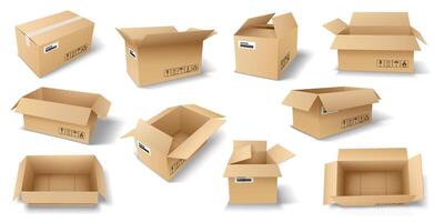 set of cardboard boxes in different styles vector