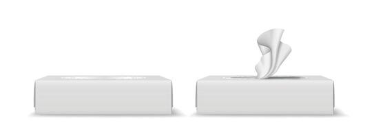 Realistic tissue box mockup with one box closed and one tissue emerging. Simple white background emphasizes clean design. Ideal for product presentations. vector