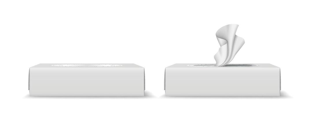 Realistic tissue box mockup with one box closed and one tissue emerging. Simple white background emphasizes clean design. Ideal for product presentations.